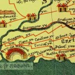 Détail de la table de Peutinger (Tabula Peutingeriana), v. 250. On voit, au centre de l’image, l’inscription « Tericias », indiquant l’emplacement de l’antique Mouriès. Notez Arles, Fos, Marseille, Aix, d’ouest en est.