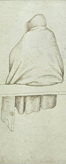 Homme, vu de dos, vêtu d'une pèlerine à capuchon, assis sur un banc, Codex Vallardi, Pisanello, XVe, musée du Louvre, Paris.