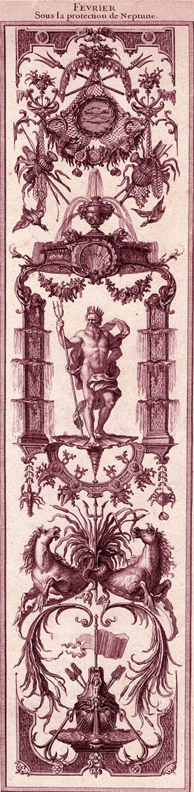 Claude Audran (1658-1734), "Février sous la protection de Neptune", extrait de Mois grotesques, Universitätsbibliothek Salzbourg.