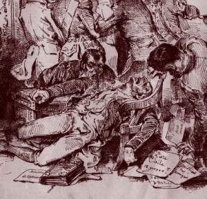 Victime du choléra-morbus, détail de Le ministère attaqué du cholera morbus, par Grandville, s.d., DR.