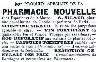 Publicité pour la pharmacie Sigaud, d'Aix (1895).