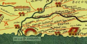 Détail de la table de Peutinger (Tabula Peutingeriana), v. 250. On voit, au centre de l’image, l’inscription « Tericias », indiquant l’emplacement de l’antique Mouriès. Notez Arles, Fos, Marseille, Aix, d’ouest en est.
