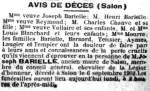 Faire-part de décès de Joseph Barielle, publié dans Le Petit Marseillais, 8 septembre 1902.