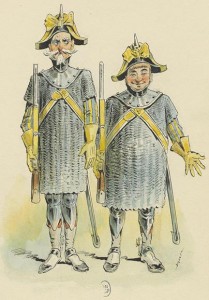 Geneviève de Brabant, opéra-bouffe de Jacques Offenbach,  Les gendarmes Grabuge et Pitou, dessin de Draner (1833-1926), 1867,  Bibliothèque nationale de France.