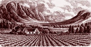 Domaine de L'Ormarins, au pied des montagnes Groot Drakenstein à Franschhoek. Gravure de Ricardo Uztarroz (XVIIIe siècle).