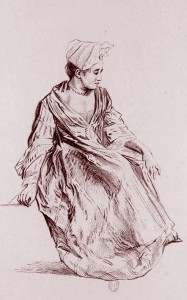 Antoine Watteau, Jeune femme assise, vue de trois-quarts, tournée vers la droite, 1726, Bibl. nat. de France.