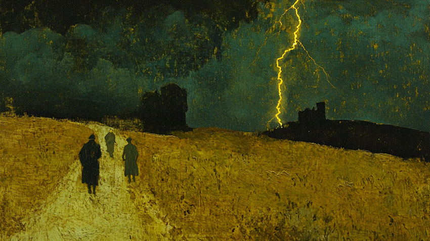 Trois hommes marchent sur un chemin alors que l'orage gronde.